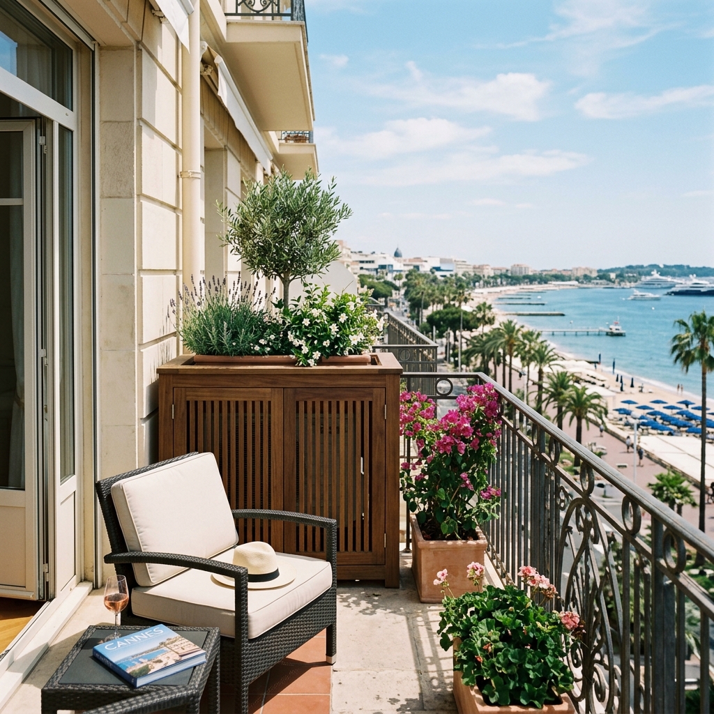Balcon d'immeuble de standing à Cannes avec climatisation cachée