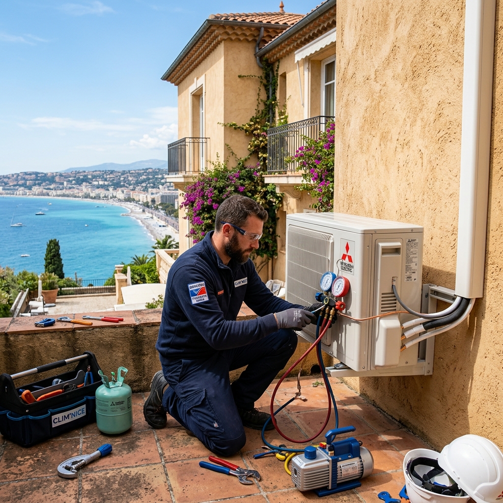 Installateur frigoriste RGE travaillant sur une unité de climatisation