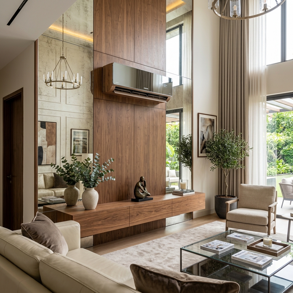 Split mural de climatisation design miroir et bois dans un salon chic
